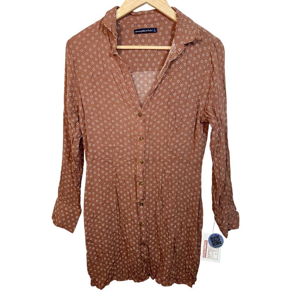 Abercrombie & Fitch Brown White Floral V-Neck Long Sleeve Mini Dress Womens Sz L